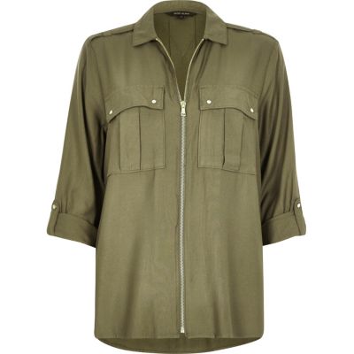 Khaki military zip-up shirt